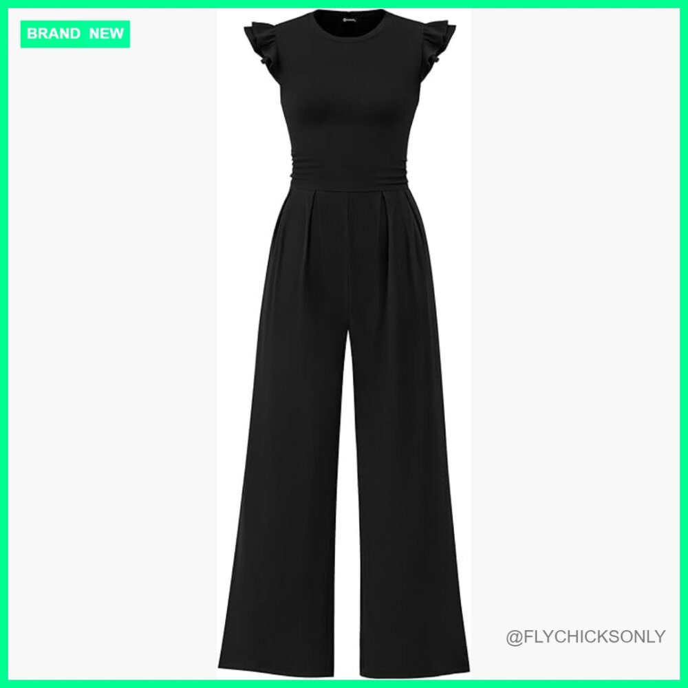 Polyester Blend Rib Knit Jumpsuit With Ruffle Cap Sleeves